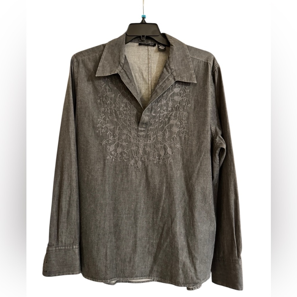 Kenneth Cole Charcoal Denim Monochrome Embroidered Wide Collar PopOver L/S Shirt